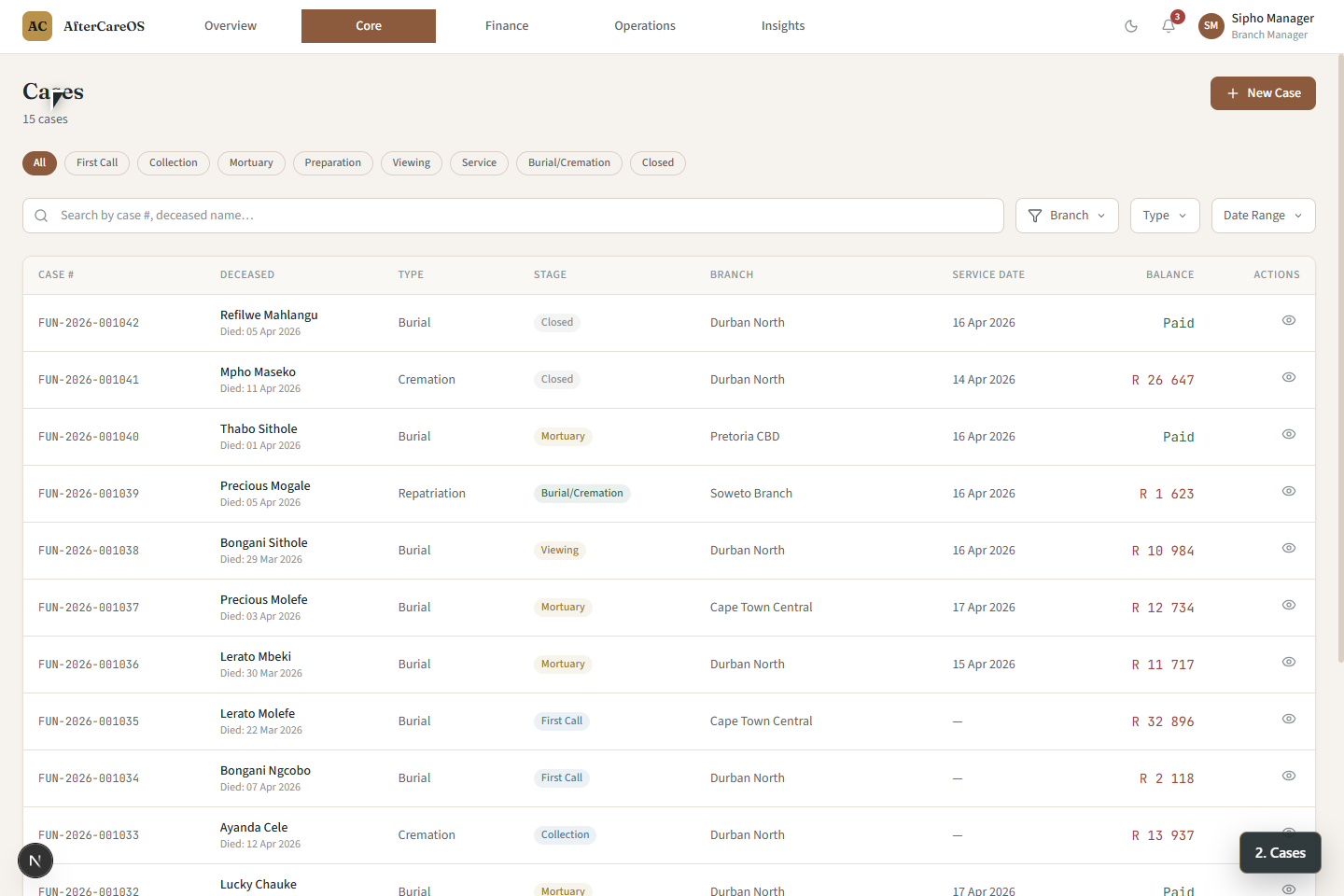 FuneralPro funeral case list screen