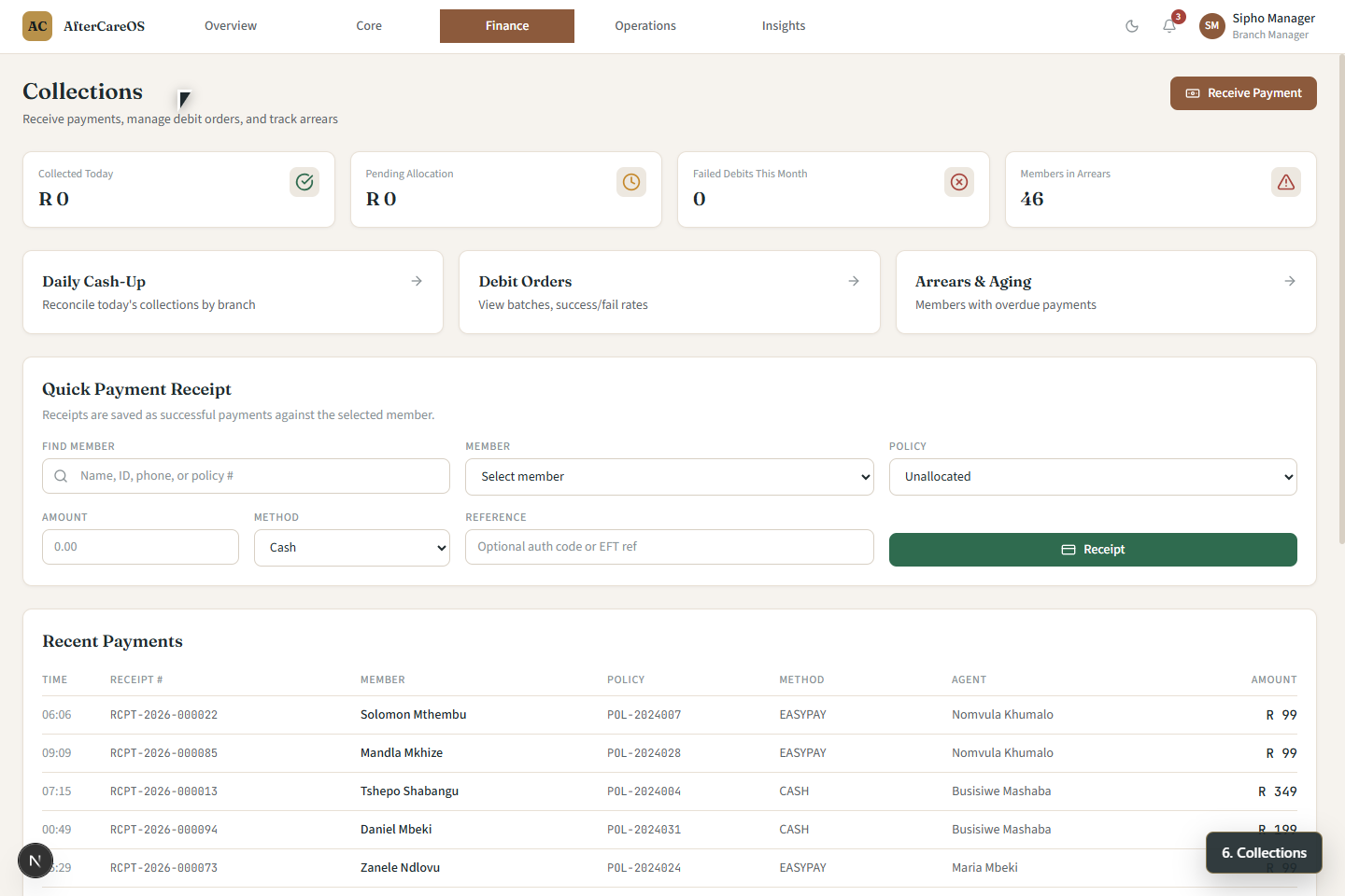 FuneralPro collections and payments screen