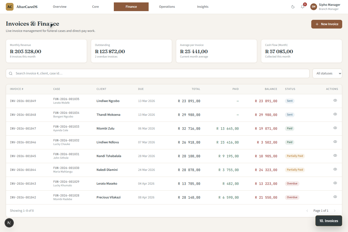 FuneralPro invoice list screen