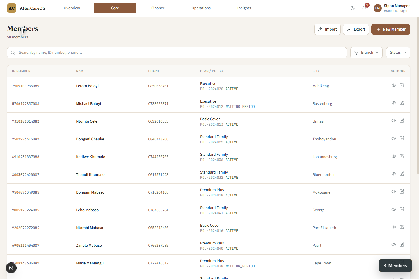 FuneralPro member management listing screen